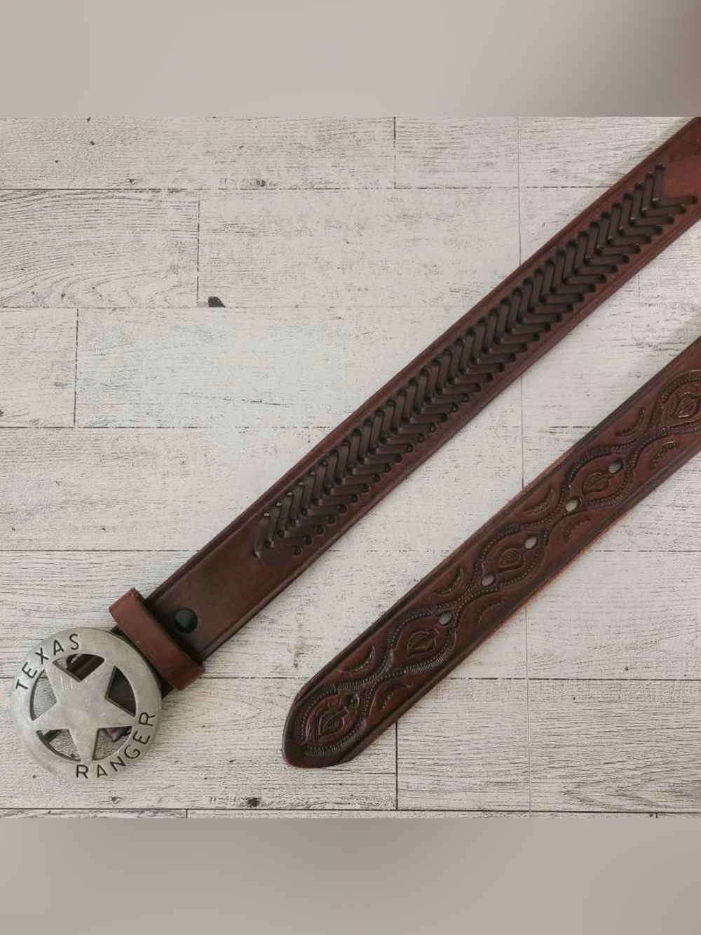 Men's 36 Texas Ranger Silver Brown Leather Tooled Western Cowboy Belt Vintage
